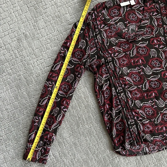 HINGE blouse, size Small, black with burgundy, lavender, and cream print - Picture 10 of 12